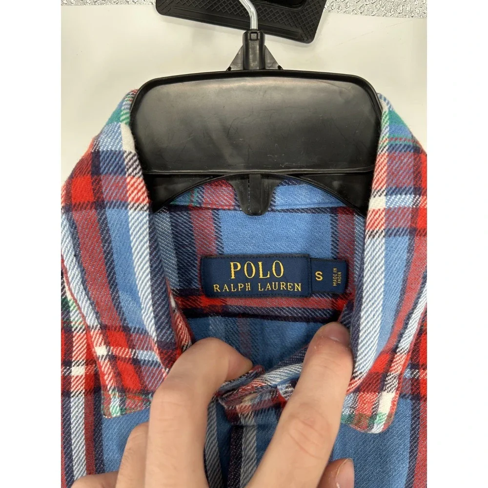 Polo Ralph Lauren Button Up Shirt Mens Small Blue Red Plaid Flannel‎ Two Pockets